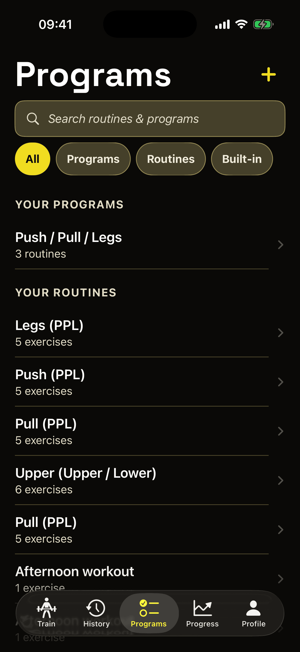 Programs and routines in Setkord, including a Push / Pull / Legs split